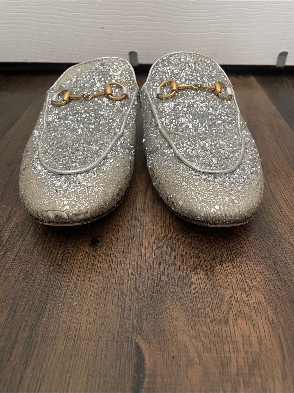 Gucci Silver Glitter Horsebit Mules - Women's